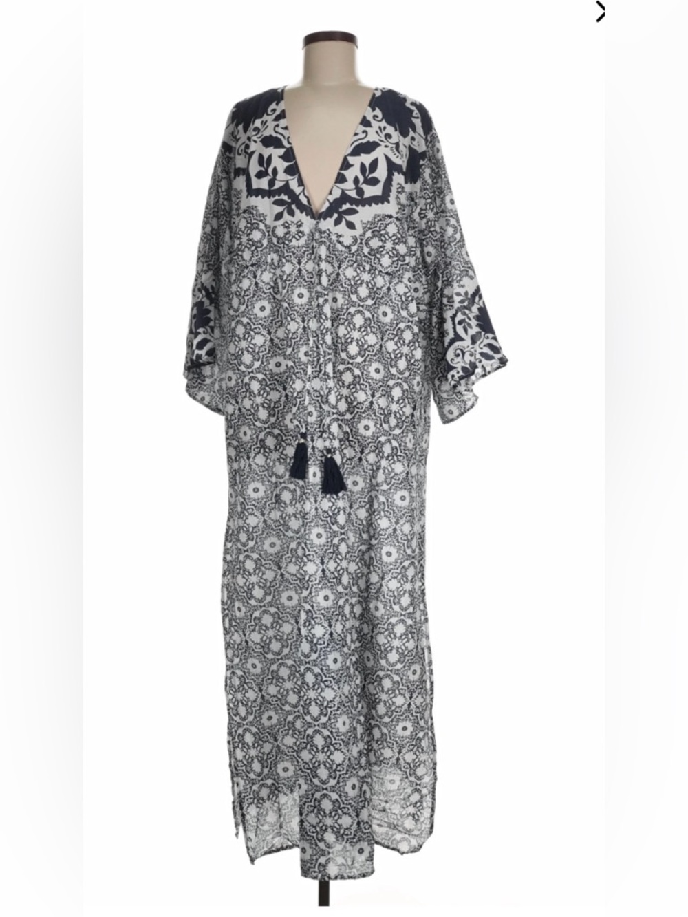 NWT Navy and White Printed Caftan / swim cover-up maxi with tassels
